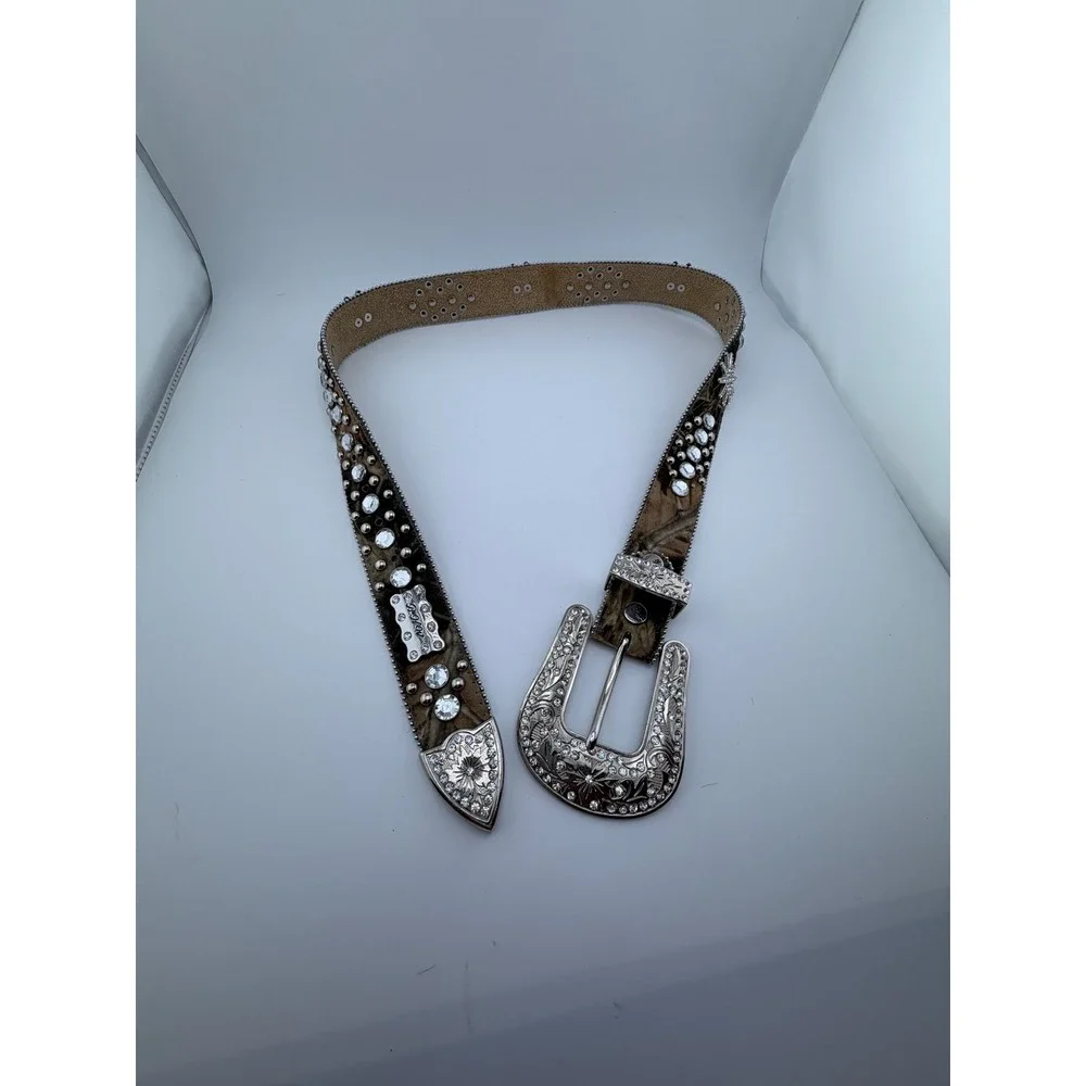 BHW Western Camo Hair on‎ Hide Rhinestone Studded Belt Silver Buckle Size M